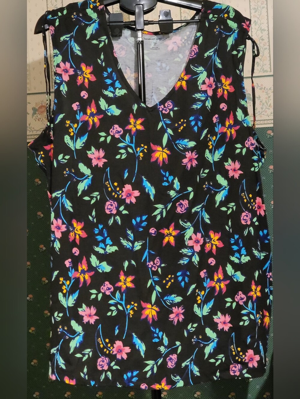 Woman Within Black Floral V-Neck Sleeveless Camisole
